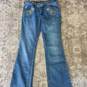 Vintage Y2K 90's Denim Embroidered Blue Bootcut Jeans Low Rise Floral